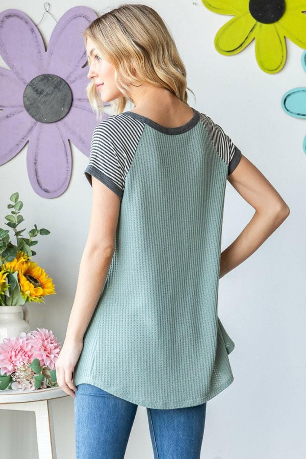 Heimish Full Size Striped Short Sleeve Waffle T-Shirt - Love Salve